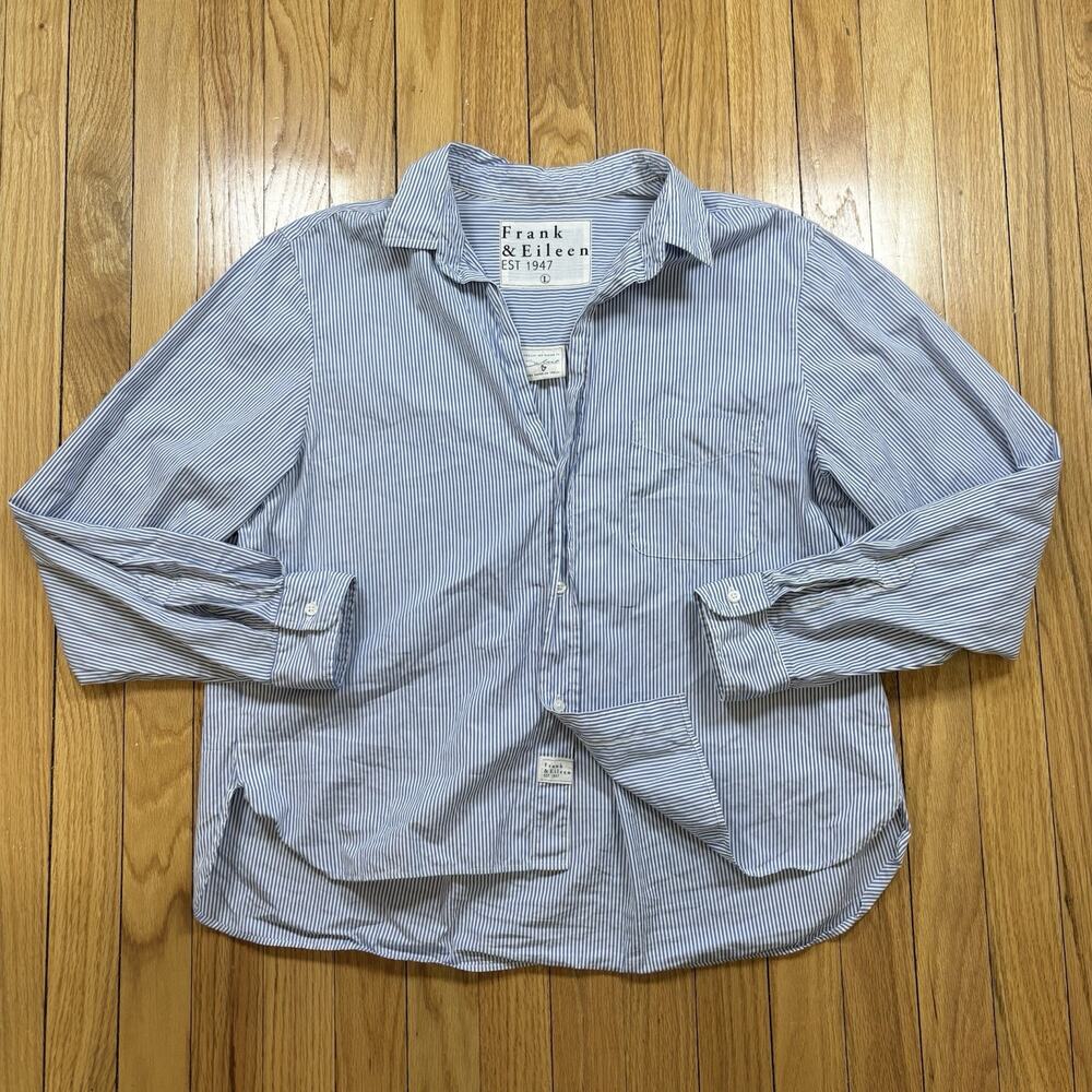 Frank & Eileen Women’s Size Large L Silvio Button Untuckable Blue Stripe Shirt